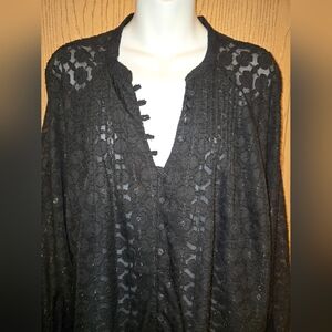 Torrid Chiffon 1X NWT Black Silver Lace Long Sleeve Button-Up Blouse